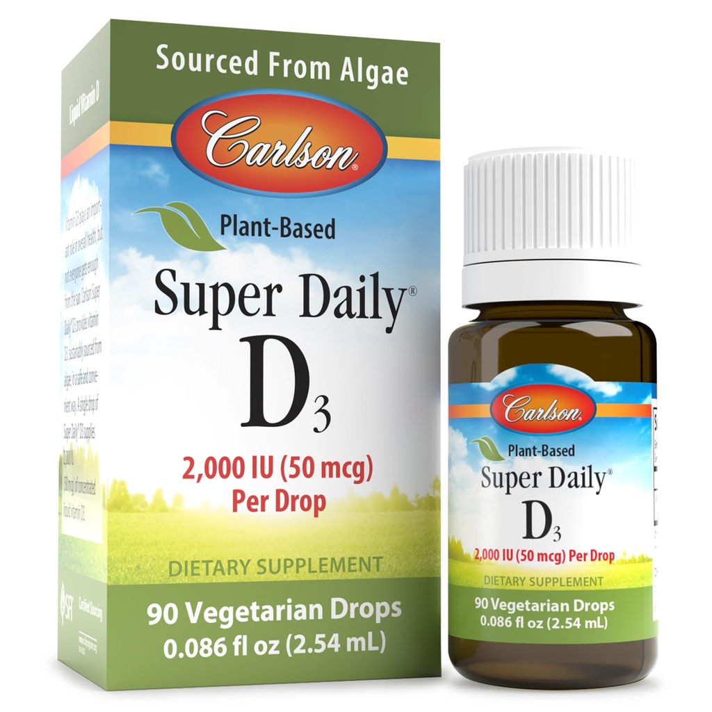 Carlson - Plant-Based Super Daily D3 2000 IU (50 mikrog) per drop, kasvissyöjä D-vitamiini drops, nestemäinen D3-vitamiini, lähde Algae, makuamaton, 90 tippaa (2,54 ml)