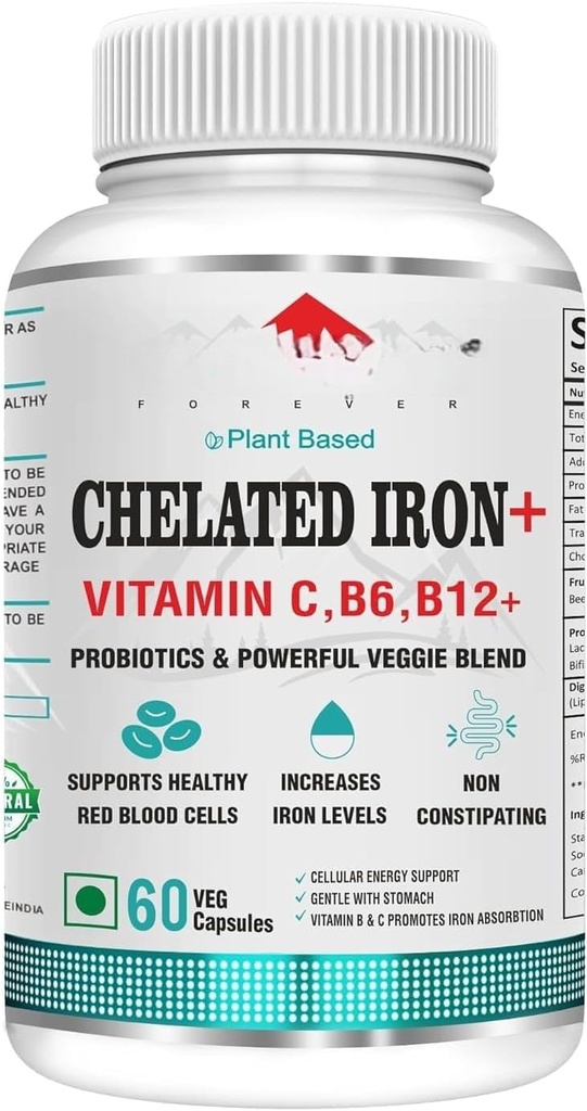 Ikuisesti kelated Iron Folic Acid kanssa VIT.C, probiootit, VIT. B6, VIT.B9, VIT. B12- Veg tabletti, 60