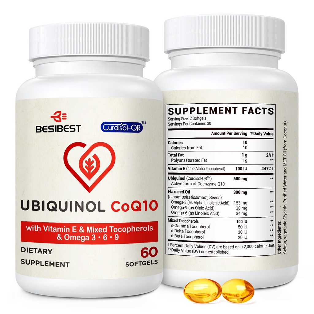 Besibest Ubiquinol CoQ10-600mg-Softgel, Active Coq10 Ubiquinol Supplement E & Omega 3, 6, 9, High Absorption-Coenzyme-Q10, Tehokas antioksidantti energiantuotantoon, testattu, 60 Count