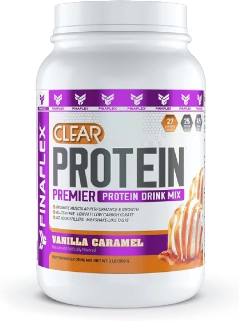 FINAFLEX Clear Protein, Vanilla Caramel - 2 lb - Edistää lihasten suorituskykyä ja kasvua - Milkshake-Like Maku - Low Carb, Low Fat & Gluteeniton - 27 tarjoilua