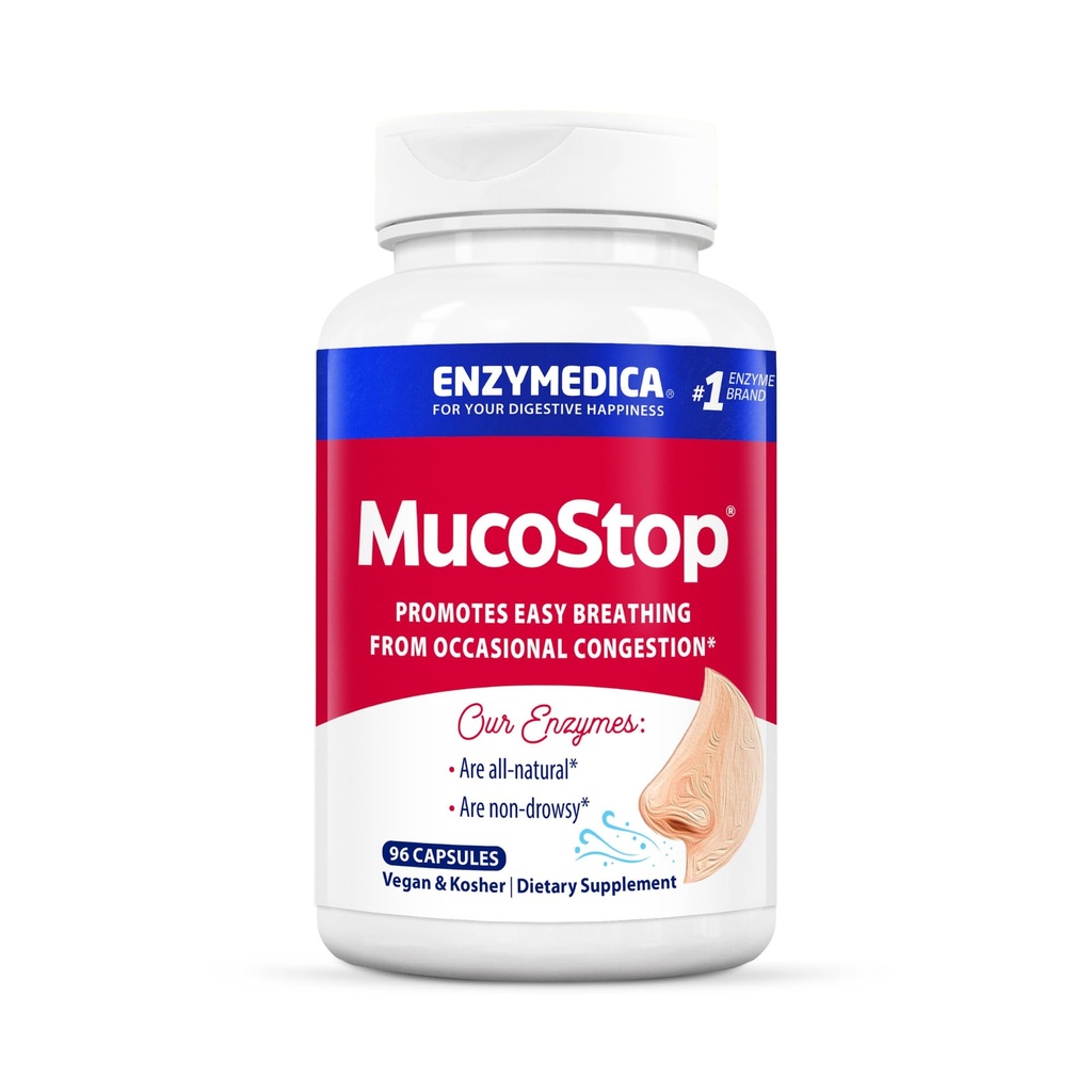 Enzymedica, MucoStop, Natural Enzyme Supplement, Relieves Seasonal tai satunnainen ruuhka, tukee helppoa hengitystä, 96