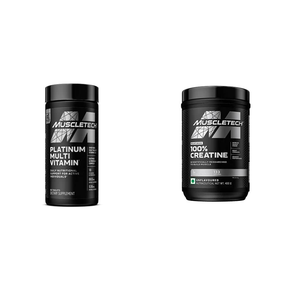 MuscleTech Creatiini Monohydraatti Powder Platinum Pure Micronized Lihasten Recovery + Builder & Platinum Multivitamiini Immunosupport 18 vitamiinit & mineraalit