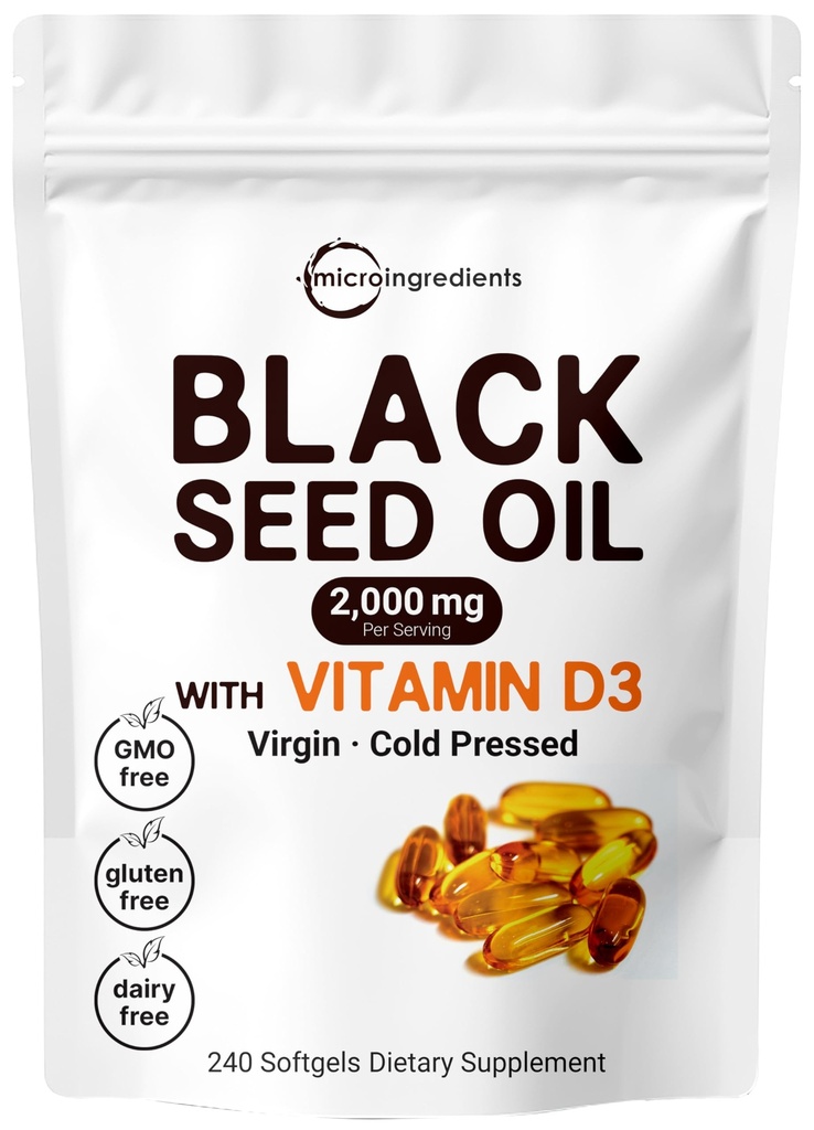 Micro Ingredients Musta siemenöljy 2000 mg D3-vitamiini 1000 IU, 240 Softgels 