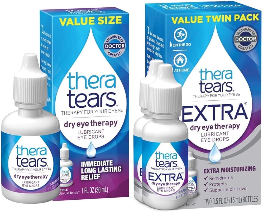 TheraTears Dry Eye Therapy Eye Drops for Dry Eyes, 1,0 Fl Oz & Extra Dry Eye Therapy Voitelu Silmät Drops for Dry Eyes, 0,5 fl oz Bottle, 2 Count(Pack of 1)