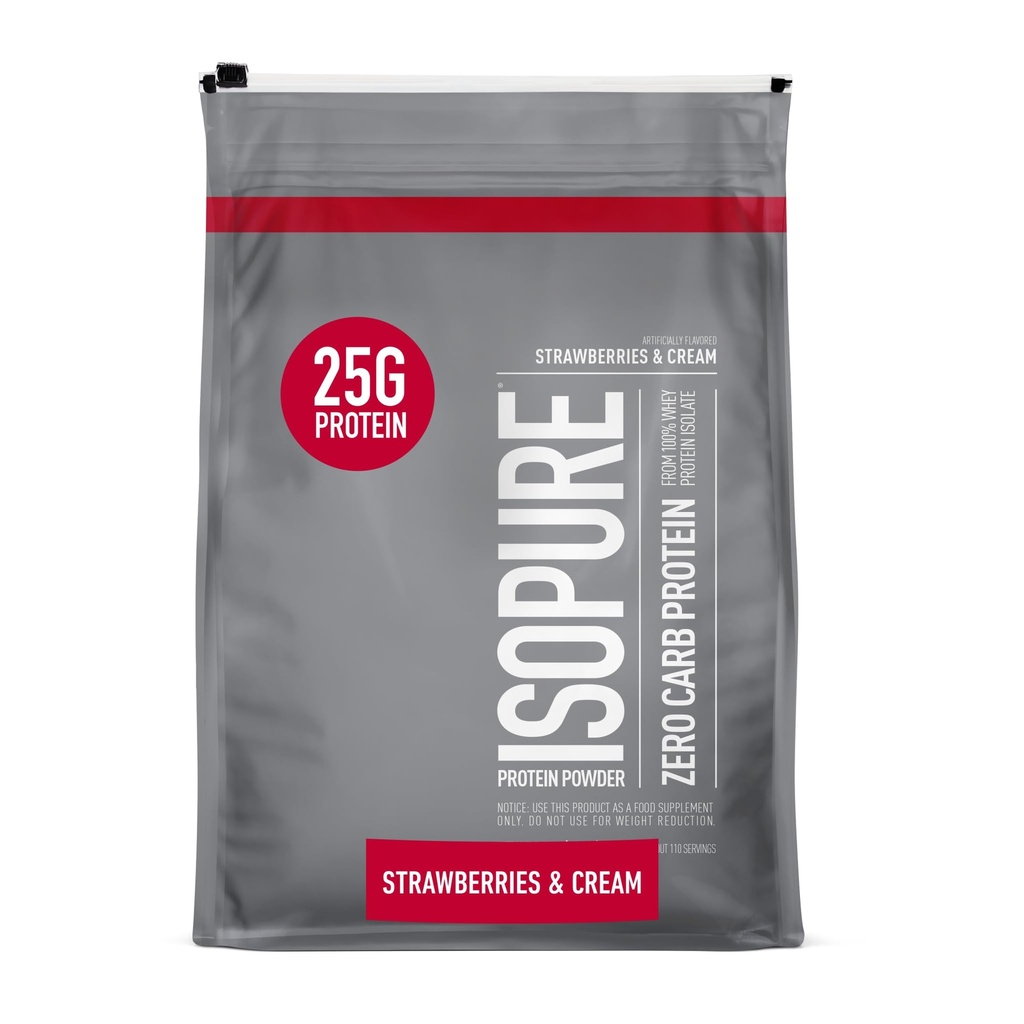 Isopure Zero Carb 100% Pure Whey Isolate Protein Powder, Lactose Free, Gluten Free, Med Vitaminer, Jordgubbar & Kräm, 25g Protein Per Servering, 7,5 Lbs, 110 portioner (Packaging May Vary)