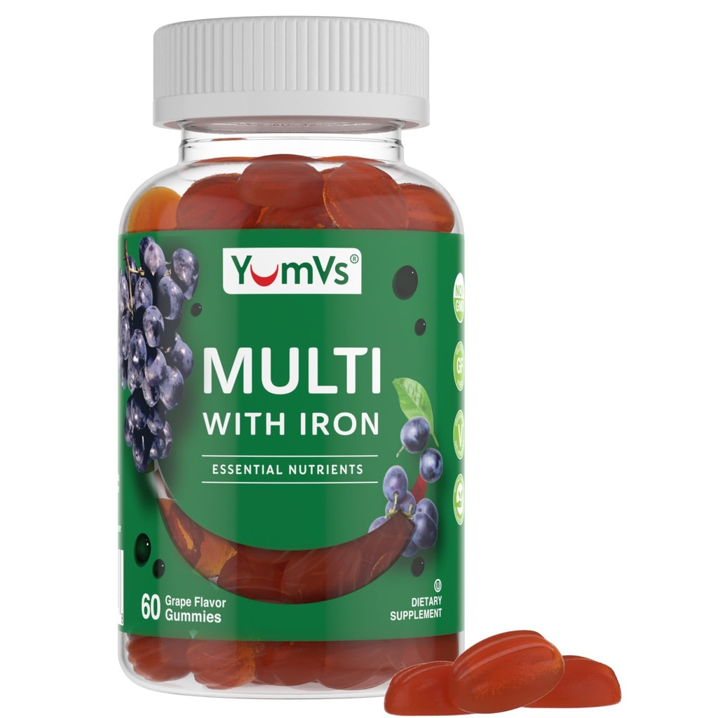 YUM-V's Iron Gummies - Monivitamiininen rauta täydentää C-vitamiini, A, B & Sinkki, Tukee veren happi, vegaaninen täydentää naisten, miesten ja lasten kasvua ja kehitystä - Rypäleen maku 60