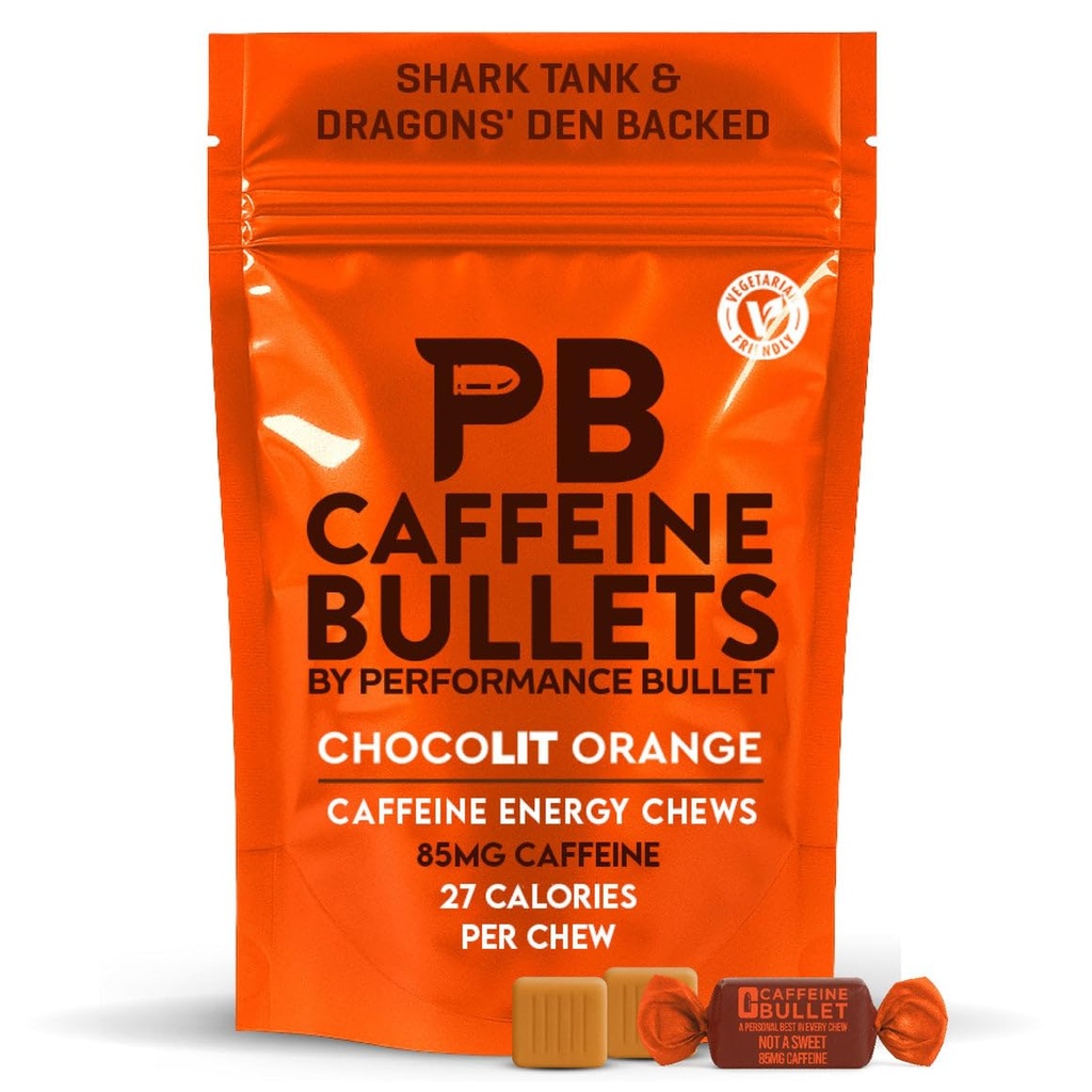 Kofeiini Bullet Energy Chews - Chocolate Orange. 16 * 85mg - Nopeampi Kick Than Pills, Gels & Gum. Urheilutiede käynnissä, pyöräily, pelaaminen. Endurance Boost.
