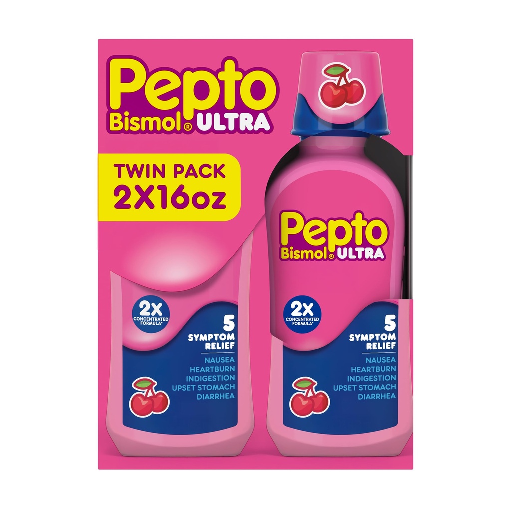Pepto Bismol Liquid Ultra för Nausea, Heartburn, Indigestion, Upset Stomach och Diarré - 5 Symptom Fast Relief, Cherry Flavor 12 oz (Pack of 3)
