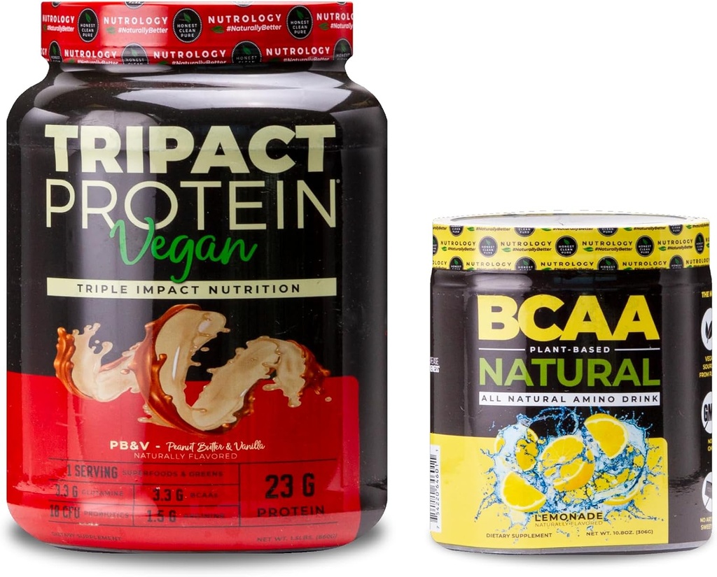 Nutrology TRIPACT Vegan Protein Powder, för Vegan Protein Shakes, Peanut Butter Vanilla (20 Servings) BCAA Natural, Plant Based BCAA Powder, Lemonade Flavor (30 portioner)