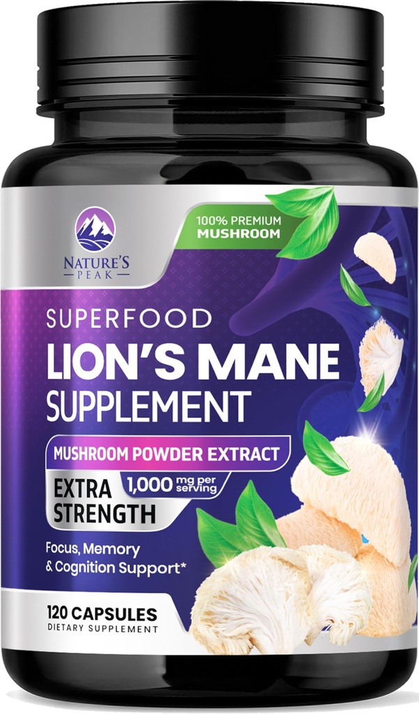 Lions Mane Mushroom Kapselit 10 000 mg - Lion... Mane Supplement Kapselit muistille ja Focus Support, Aivot, Immune Health Support, Vegan, pullotettu USA, Lions Mane Mushroom Powder Extract, 120 Count