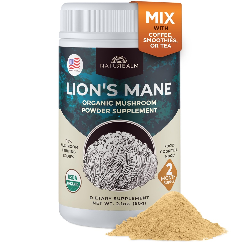 Naturealm Lion's Mane Mushroom Powder - Organic Brain Support for Focus Memory Mental Clarity - Non GMO kognitiivinen toiminto - 60 Palvelimet