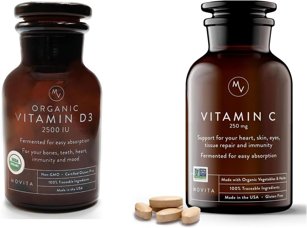 Movita Organic D3 2500IU, pullo Fermentoitu C 250 mg pullo