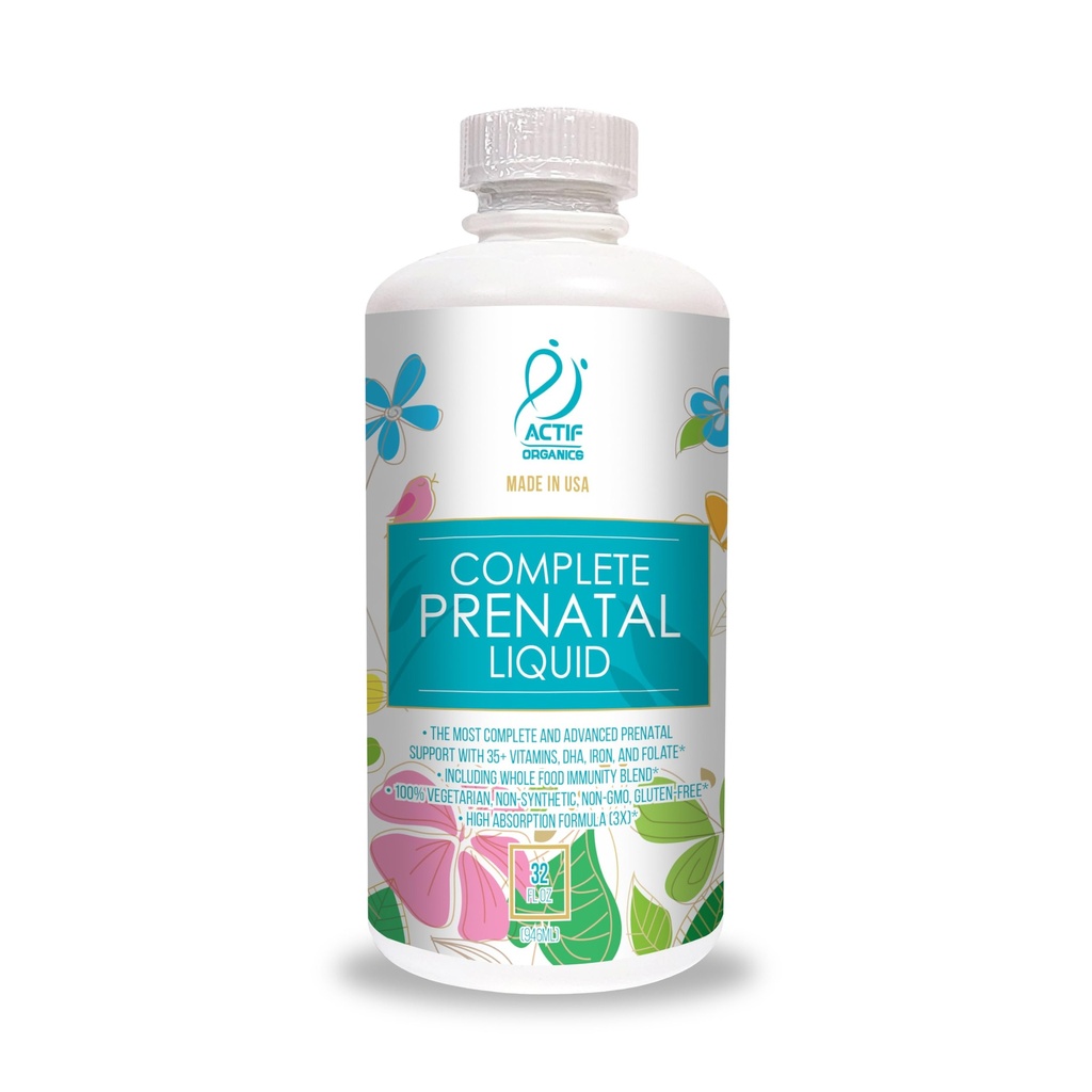ACTIF Organic Complete Prenatal Liquid with 35+ Vitamiineja ja orgaanisia yrttejä, DHA ja koliini, ei-GMO, Made in USA, 32oz
