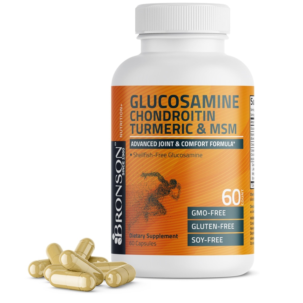 Bronson Glucosamine Chondroitin Turmeric & MSM Advanced Joint & Cartilage Formel, Stöder Hälsosamma Joints, Mobility & Cartilage - Icke-GMO, 60 kapslar