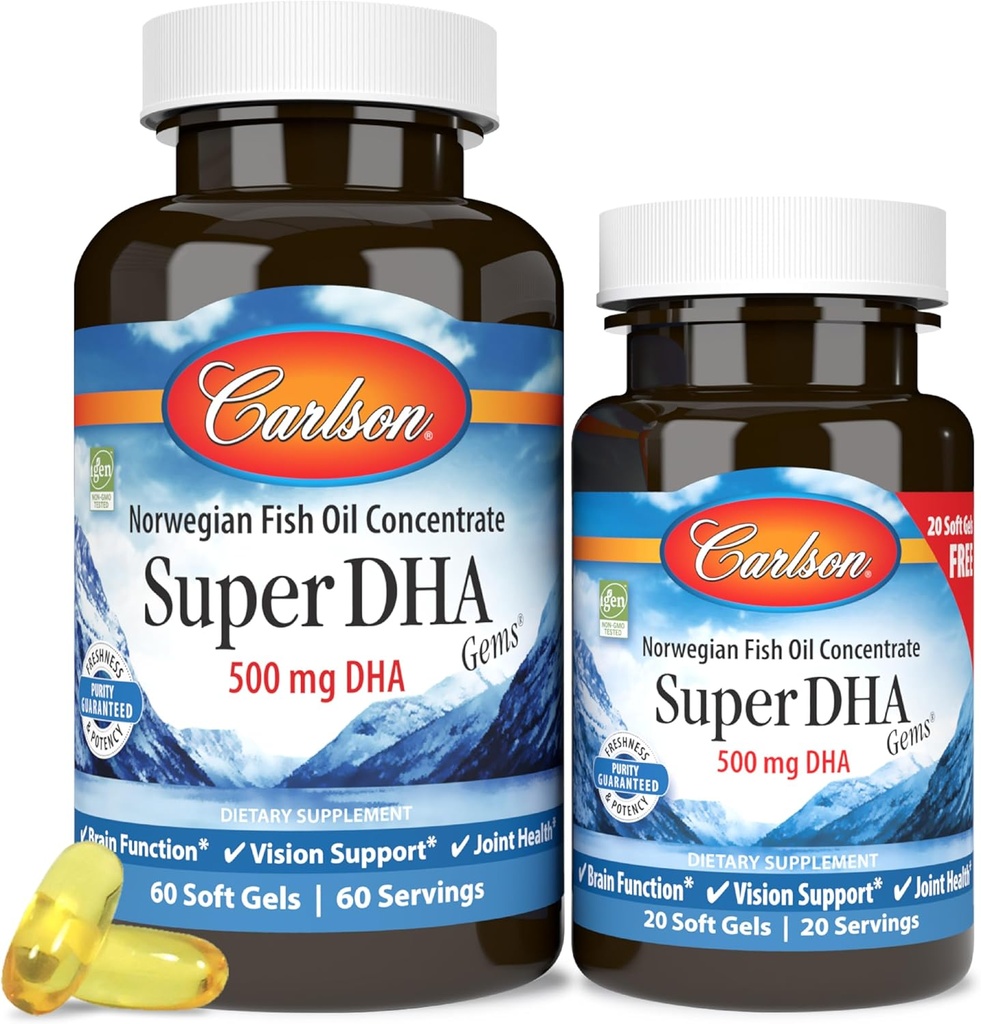 Carlson - Super DHA Gems, 500 mg DHA-lisäravinteet, 640 mg rasvahapot, norjalainen Wild-Caught Arctic Fish Oil Container, kestävästi lähdetty Nordic Fish Oil Kapselit, 60+20 Softgels