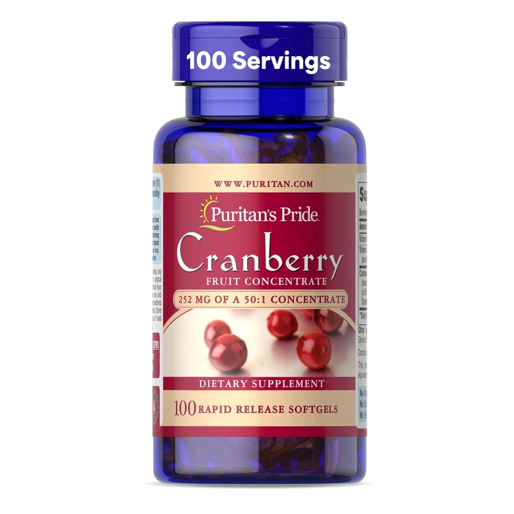 Puritans Pride Premium Cranberry Fruit Concentrate 252mg (12,600mg Equivalent) med vitamin C och E, Kosttillskott för immunsystemsupport, 100 Rapid Release Softgels
