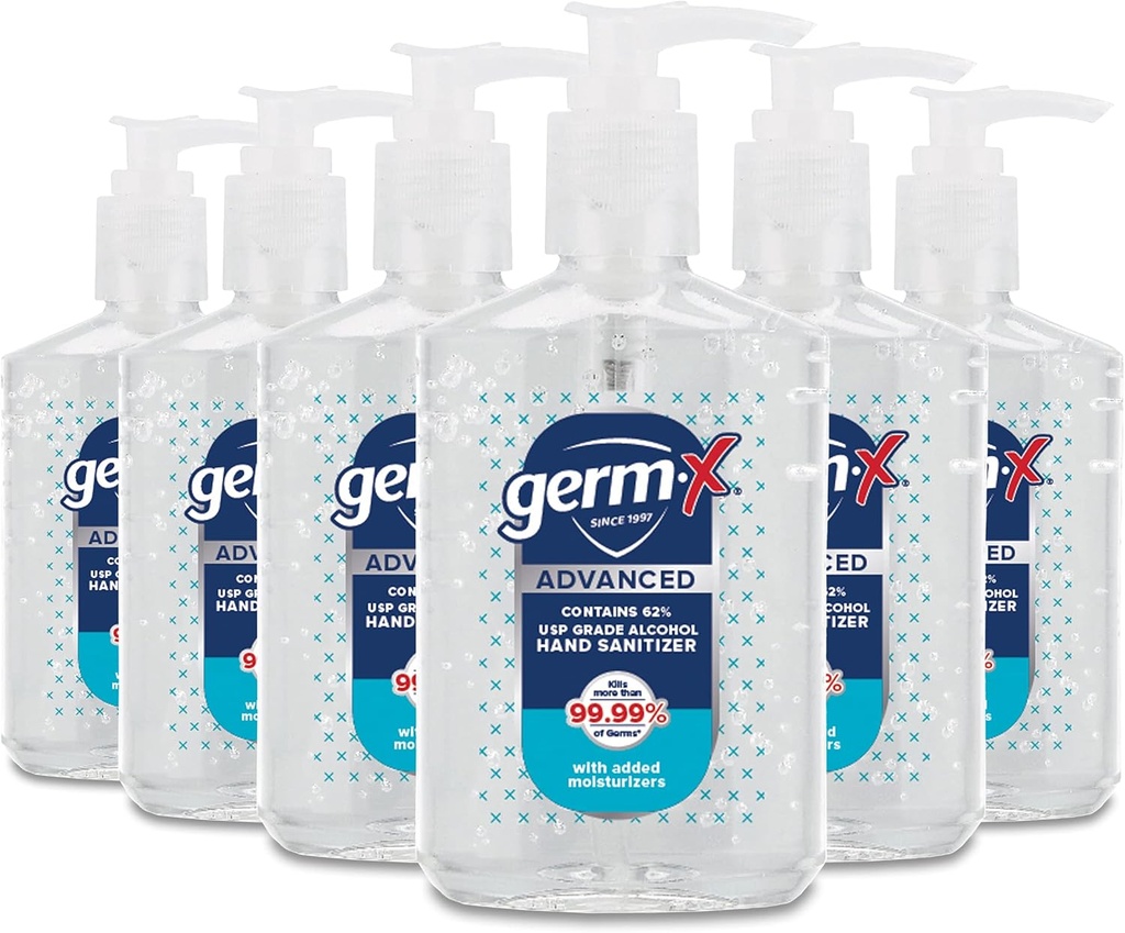 Germ-X Advanced Hand Sanitizer, Non-Drying Kosteuttava selkeä geeli, pikainen ja ei huuhtelu Formula, Takaisin koulun tarvikkeet College, Pump Bottle, 8 Fl Oz (Pack of 6)