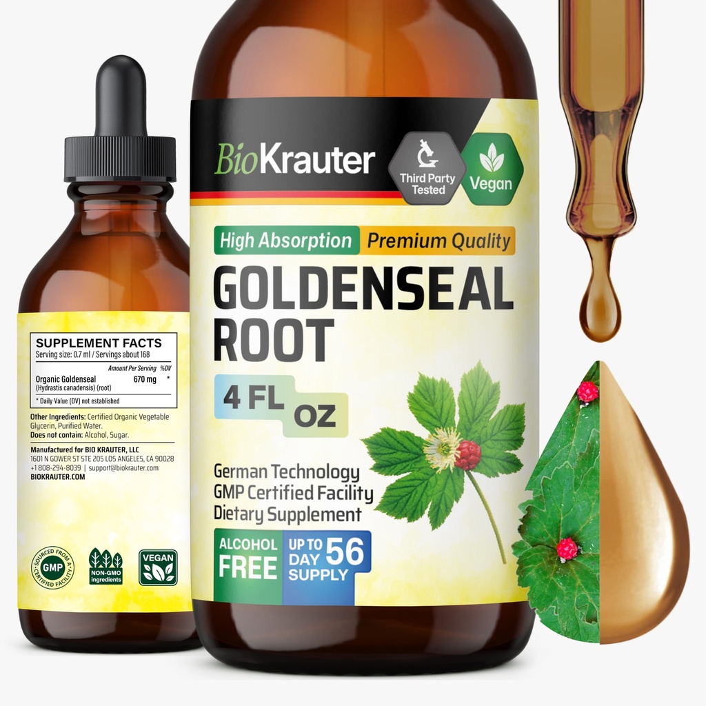 BIO KRAUTER Goldenseal Tincture - Vegan Lung Cleanse & Detox - Golden Seal Herb Supplement - Alkohol & Sugar Free Drops - 4 Fl.Oz.
