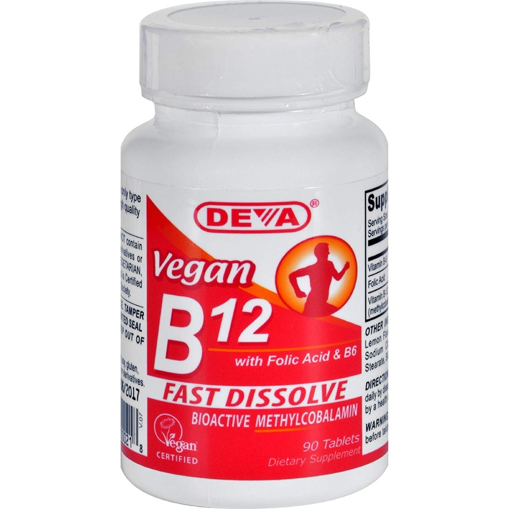 Deva Nutrition Vegan B12 Sublingual 1000 mikrog Foolihapon ja B6 ei sertifioitu Kosher - 90 Deva Nutrition