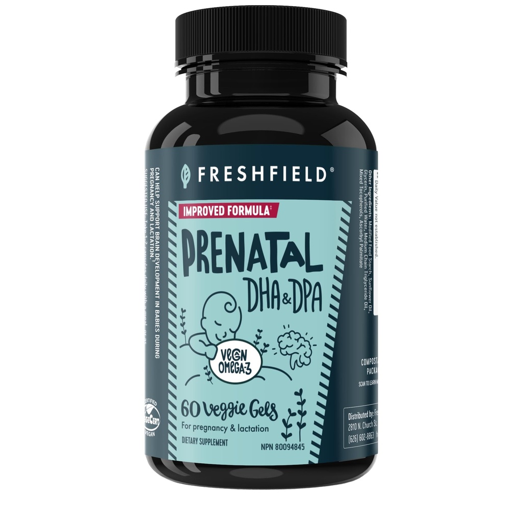 Freshfield Prenatal Vegan Omega 3 DHA: Kestävä, Carragenan Free, Kolmas osapuoli testattu, Kompostoitu pullo, Carbon Neutral. Tukee sydän, aivot, yhteinen terveys w/DPA
