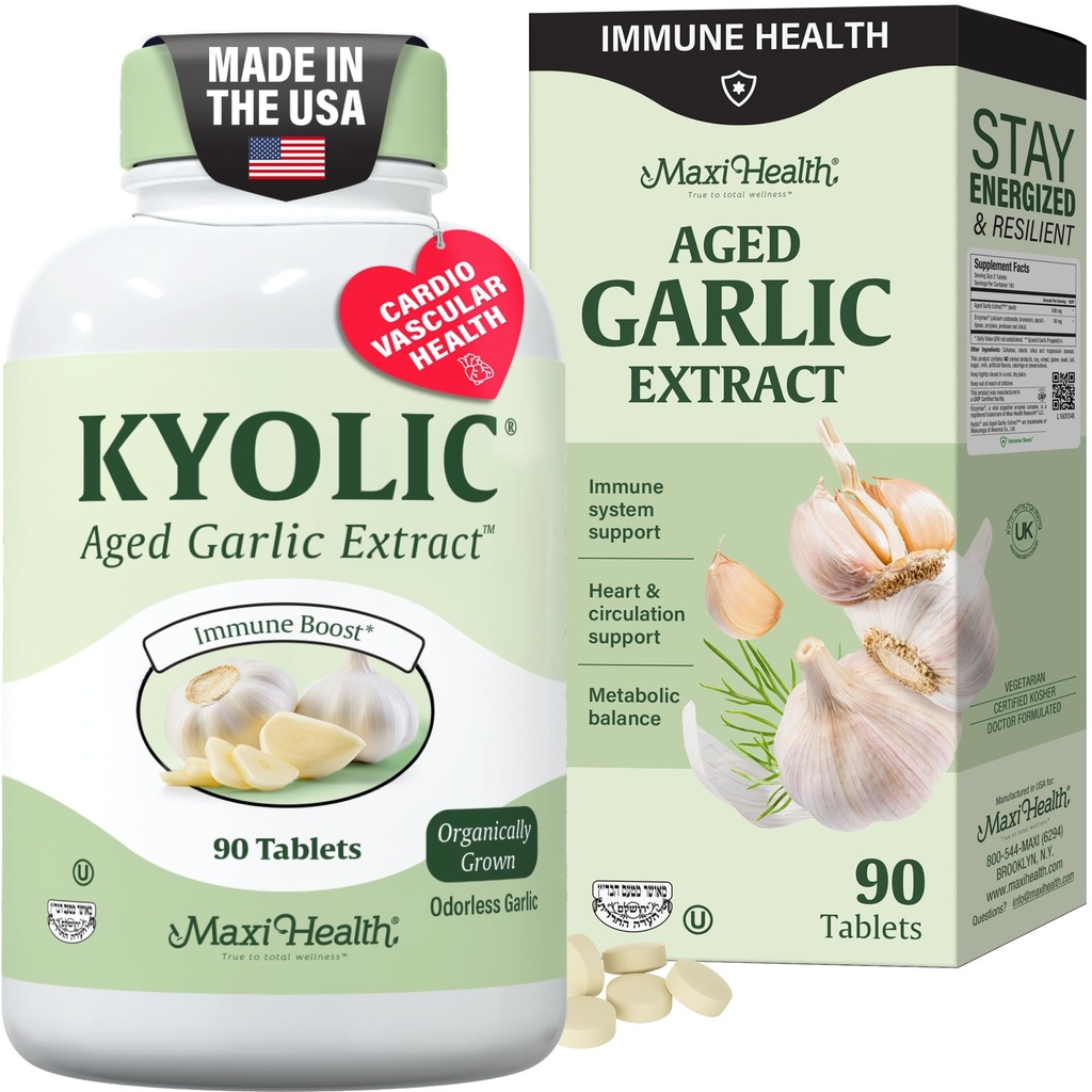 Maxi Health Kyolic Organic Valkosipulin täydennysosa - Kosher Valkosipulin Tabletit Kyolic Aged Valkosipulin uute immuuni- tukea - kasvissyöjä Valkosipulin pillereitä (90 Count)