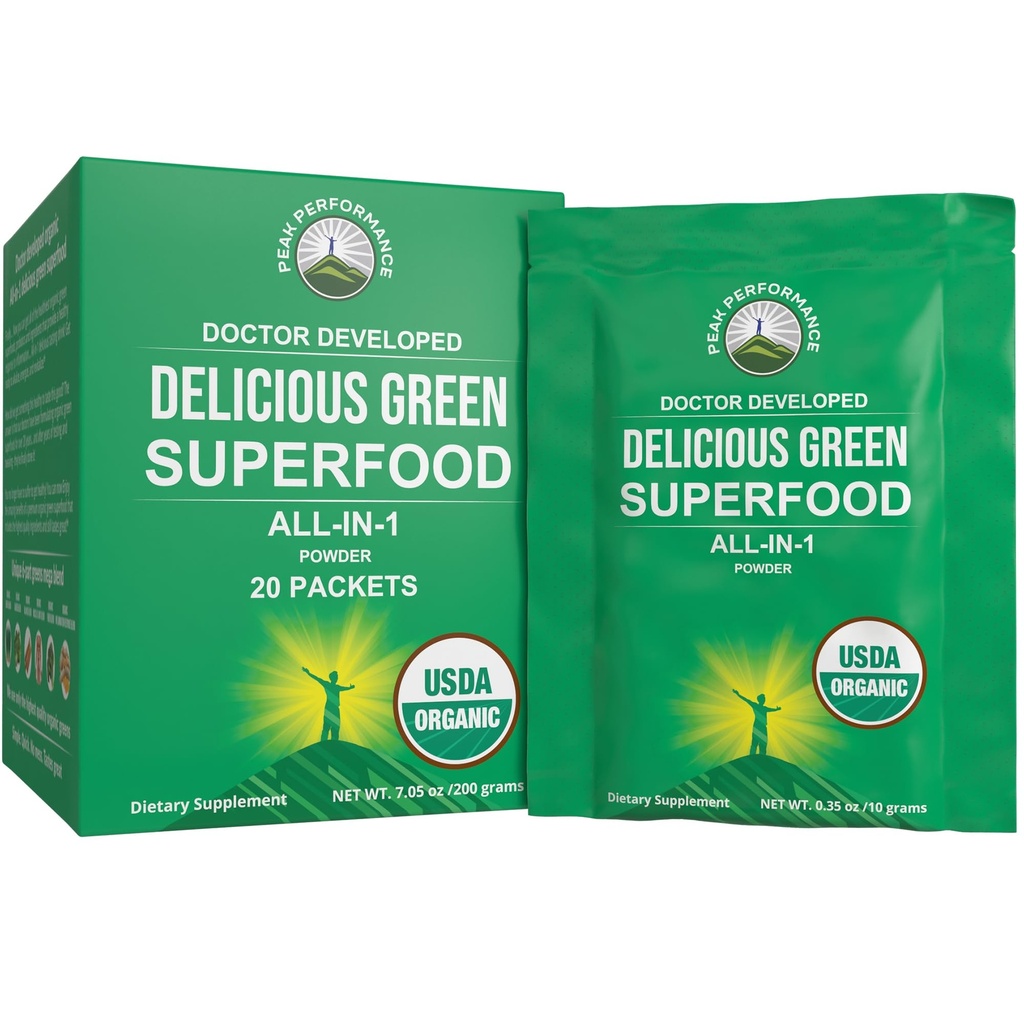 Peak Performance Organic Greens Superfood Powder Single Serve Travel Packets. Bästa provsmakning ekologisk grön juice supermat med 25 + alla naturliga ingredienser för Max Energy.