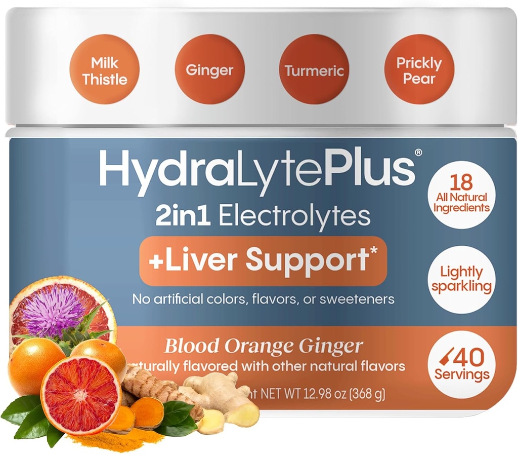 Hydralyte Liver Support + Electrolyte Mix med mjölk Thistle, Turmeric, Ginger, Prickly Pear, Green Tea Extract Formulerad för snabb rehydrering (Blood Orange Ginger, 40 Serve Tub)
