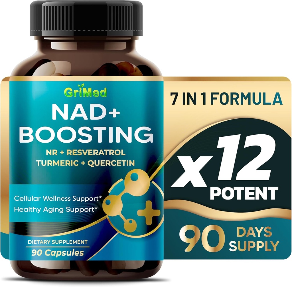 Grimed NAD + Boosting 16,550mg- x12 Teho NR + Resveratrol Turmeric + Quercetin - Cellular Energy, Cellular Repair, Terve ikääntyminen - USA Made & Tested (90 Count (Pack of 1))