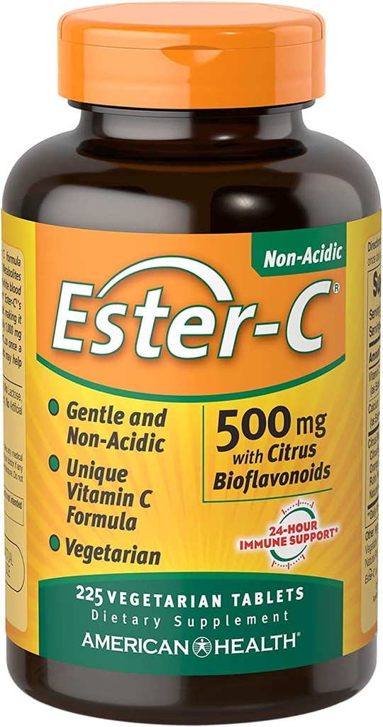 Ester-C American Health with Citrus Bioflavonoids Vegetarian Tabletit, 24 tunnin Immuuni tuki, Hellävarainen vatsa, ei-acidic C-vitamiini, ei-GMO, Gluteeniton, Vegan, 112 Tarjoukset, 500 mg, 225 Count