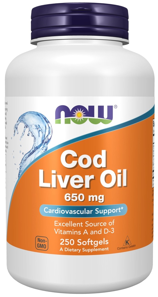 Nu livsmedelstillskott, torskleverolja 650 mg, utmärkt källa av vitamin A och D-3, 250 Softgels