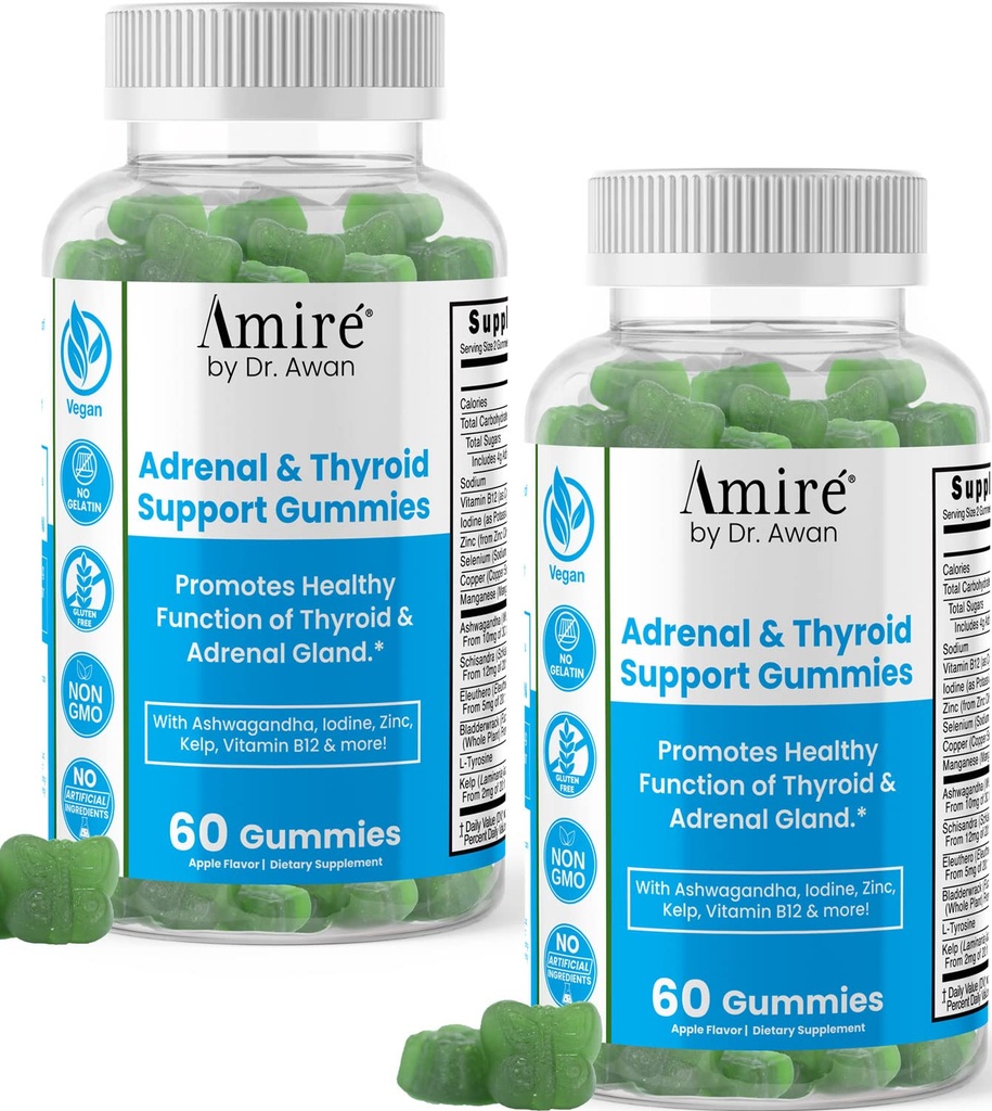 Amire by Dr. Awan Kilpirauhasten tuki Gummies, edistää tervettä toimintaa Kilpi, Selenium & Ashwagandha parantaa energian, immuniteetin, aineenvaihdunta, 120ct, 60 päivän tarjonta