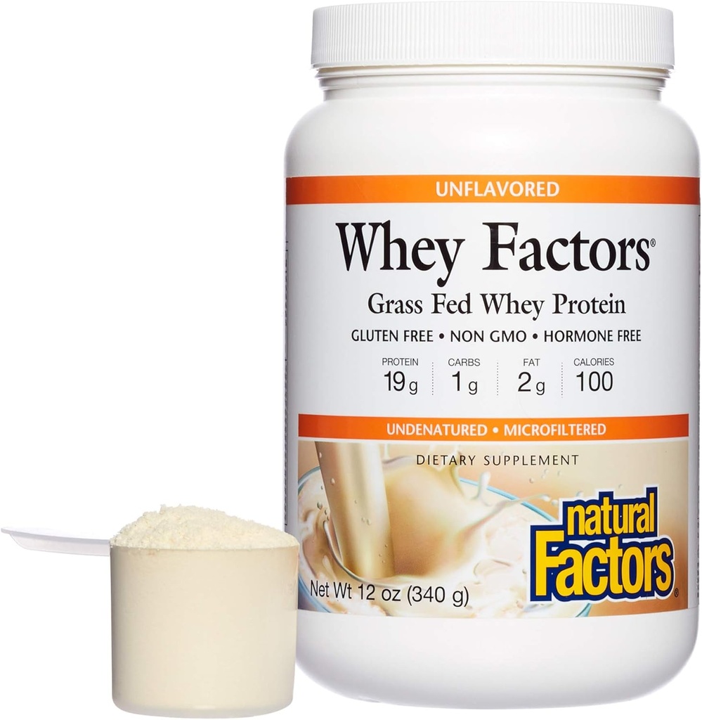 Whey Factors by Natural Factors, Grass Fed Whey Protein Concentration, Aids Muscle Development and Immune Health, Unmakuinen, 12 Oz