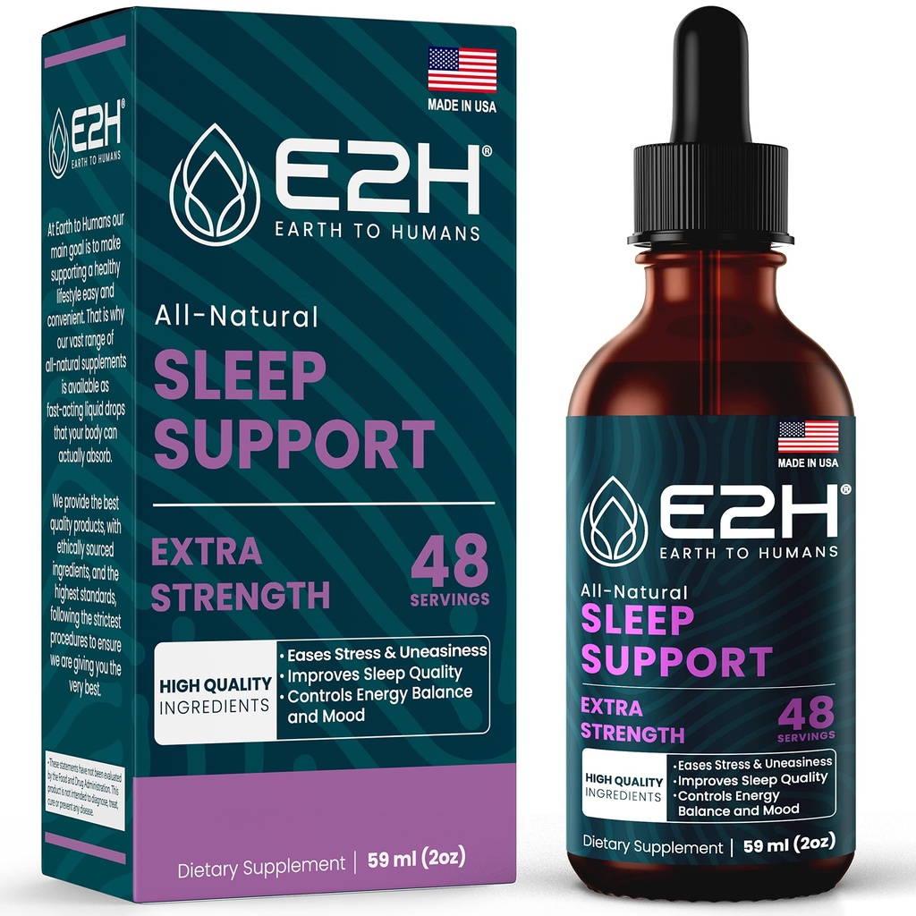 E2H Natural Sleep Support - Liquid melatoniini kamomilla, Theanine - Nukkua paremmin, syvempi, pidempi - Vegan, GMO-vapaa - tarjoaa stressiä lievittää - 2 Fl Oz