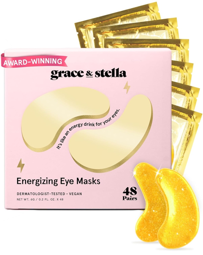 grace & stella Award Winning Under Eye Mask - Travel Essentials - födelsedagspresenter för kvinnor - Gel Eye Patches för mörka cirklar, Puffy Eyes, Wrinkles, Undereye Bags - Vegan Self Care (48 Pairs, Gold)