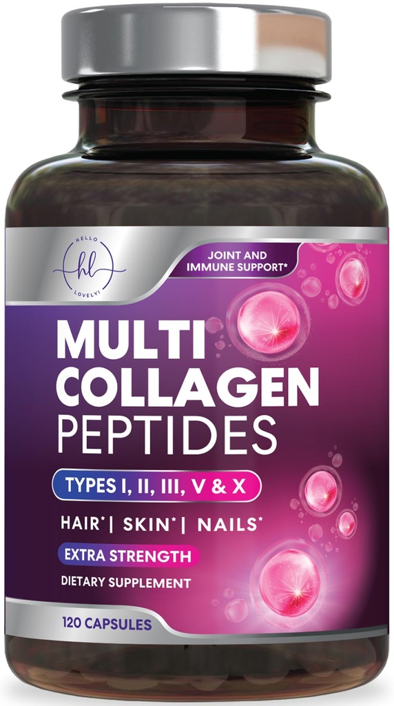 Multi Collagen Supplement 2400 mg - tyypit I, II, III, V & X Multi Collagen Peptides pillerit naisille ja miehille, hydrolysoidut kollageenilisät, hiukset, iho, kynnet ja tukilisä, 120 kapselia