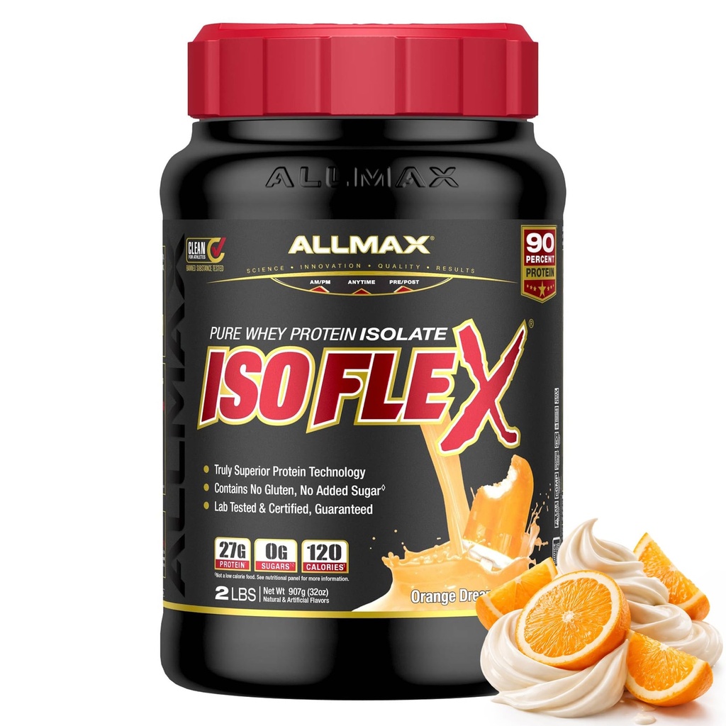ALLMAX Nutrition ISOFLEX Heraproteiini-isolaatti, appelsiini-unijää - 2 lb - 27 grammaa proteiinia per scoop - nolla rasvaa ja sokeria - 99% laktoositonta - gluteeniton & soijaton - Arvioitu 30 annosta