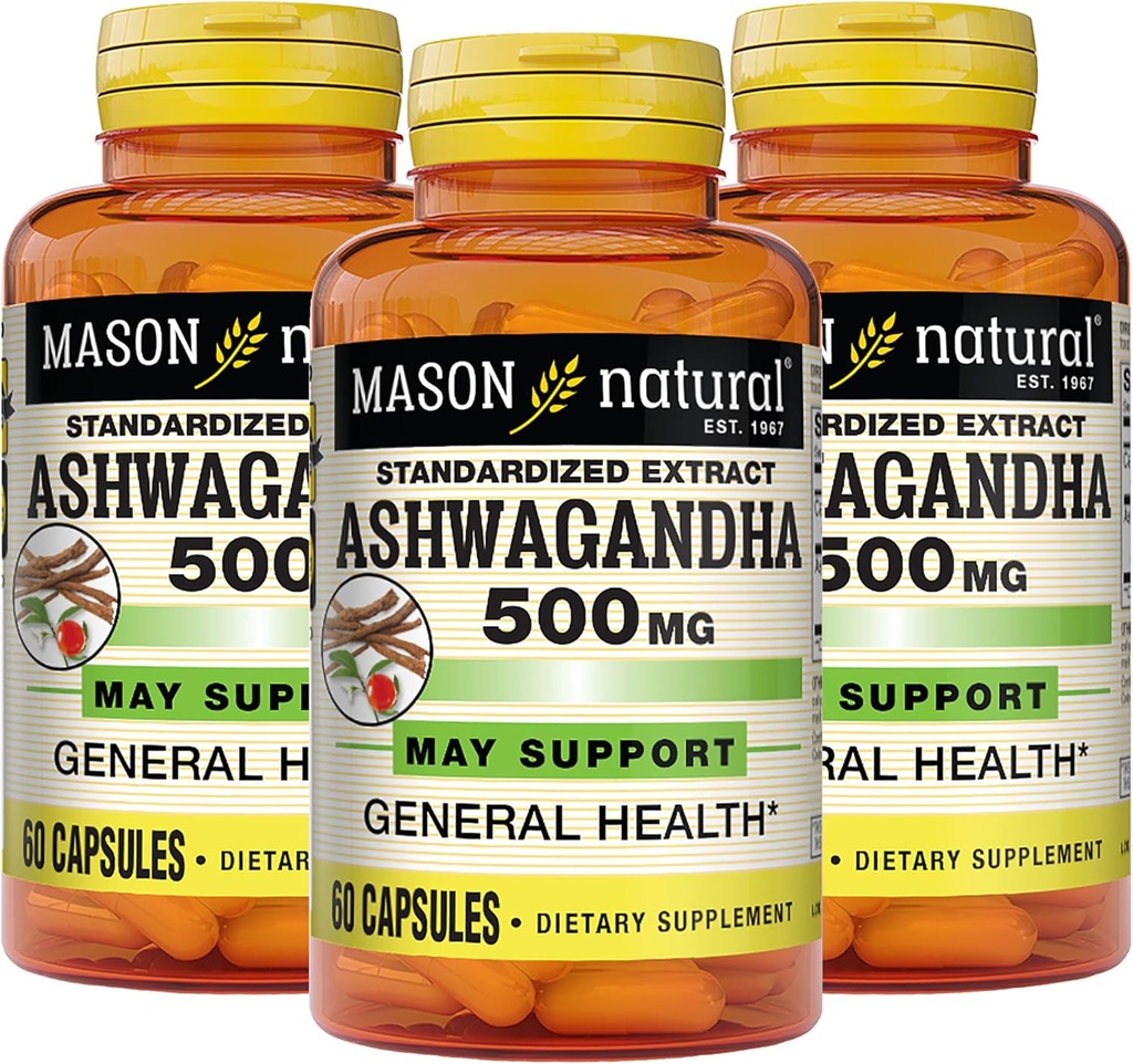 MASON NATURAL Ashwagandha 500 mg, Adaptogen för Stress & Energy Support, Herbal Supplement, 180 Day Supply