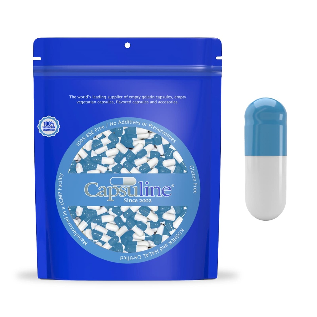Capsuline värillinen koko 0 Tyhjä liivate kapselit sininen / valkoinen 1000 Count Kosher & Halal Certified