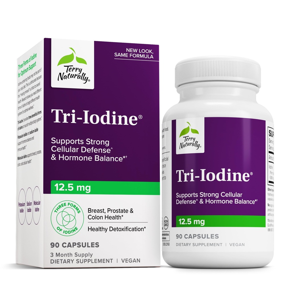 Terry Naturally Tri-Iodine - Stöd Thyroid Health - hjälper hormonbalans med molekylär jod från Kelp - Funktioner Kaliumjodid och natriumjodid - Brain & Energy Support - 12,5 mg, 90 kapslar