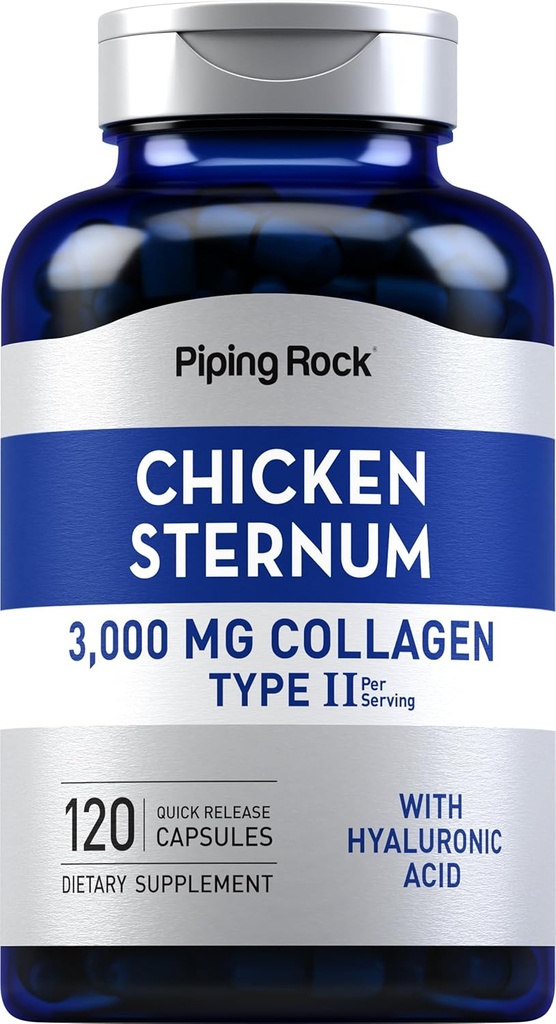 Piping Rock Chicken Sternum tyyppi II Collagen täydennysosa ... 3000 mg .. 120 kapselia... Hyaluronihappo...