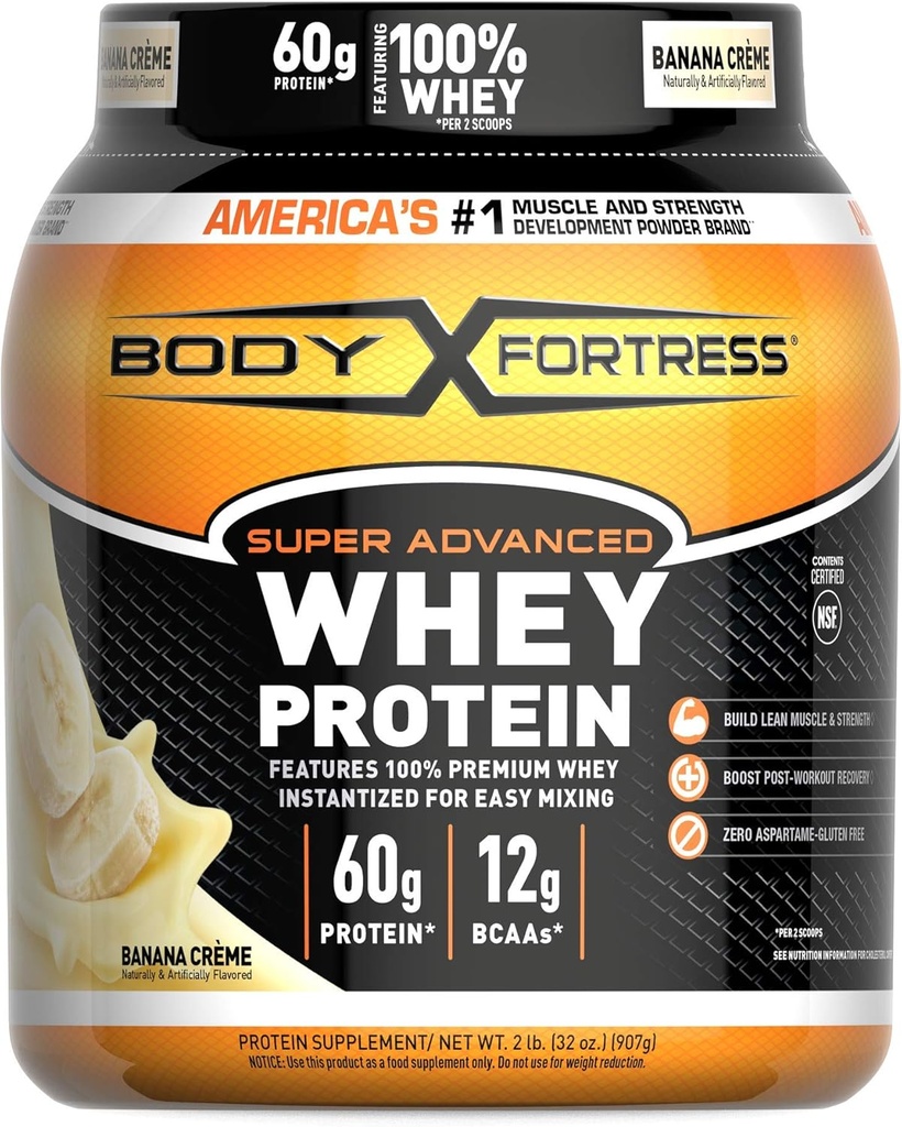 Body Fortress Super Advanced Whey Protein Powder, banaani Creme Maku, Gluteeniton, 2 Lb