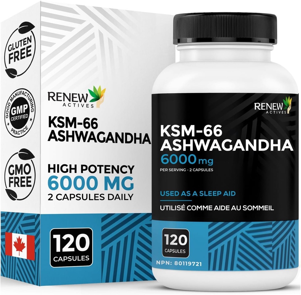 Renew Actives Ashwagandha KSM-66 Supplement 500MG per servering med svartpeppar för överlägsen absorption - Fokus och humörsupport för att öka energi och sömnhjälp - Tillverkad i Kanada - 120 kapslar