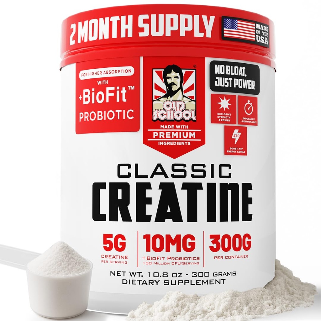 Old School Labs Micronized Creatine Monohydrat med No Bloat BioFitTM Probiotic - Män & Kvinnor Post-Recovery Powder för styrka och prestanda - 60 portioner osmakade