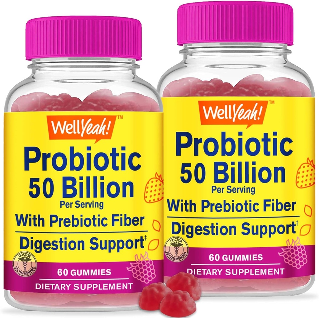 WellYeah (2 Pack 50 Billion Probiotics + Prebiotics for Men and Women Gummies - Digestive Support, Gut Health, Immune Support Gummy - Probiotika för Digestive Health med 12 stammar - 60 Gummies