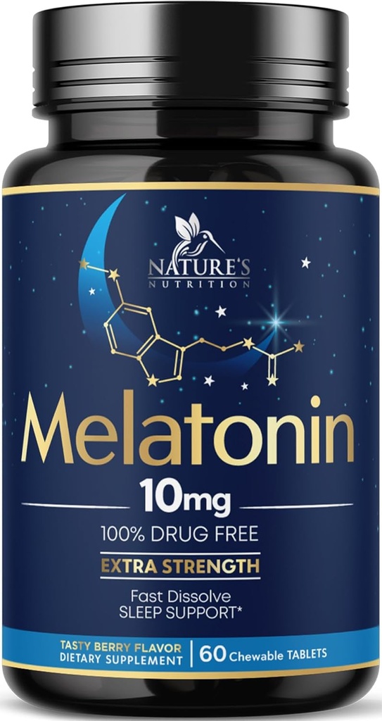 Melatoniini 10 mg nopeasti liuottaa tabletteja - extra vahvuus, sokeriton melatoniini täydentää levollinen uni tuki, luonnollinen uni tuki täydentää aikuisille, herkullinen mansikka maku, 60 tablettia