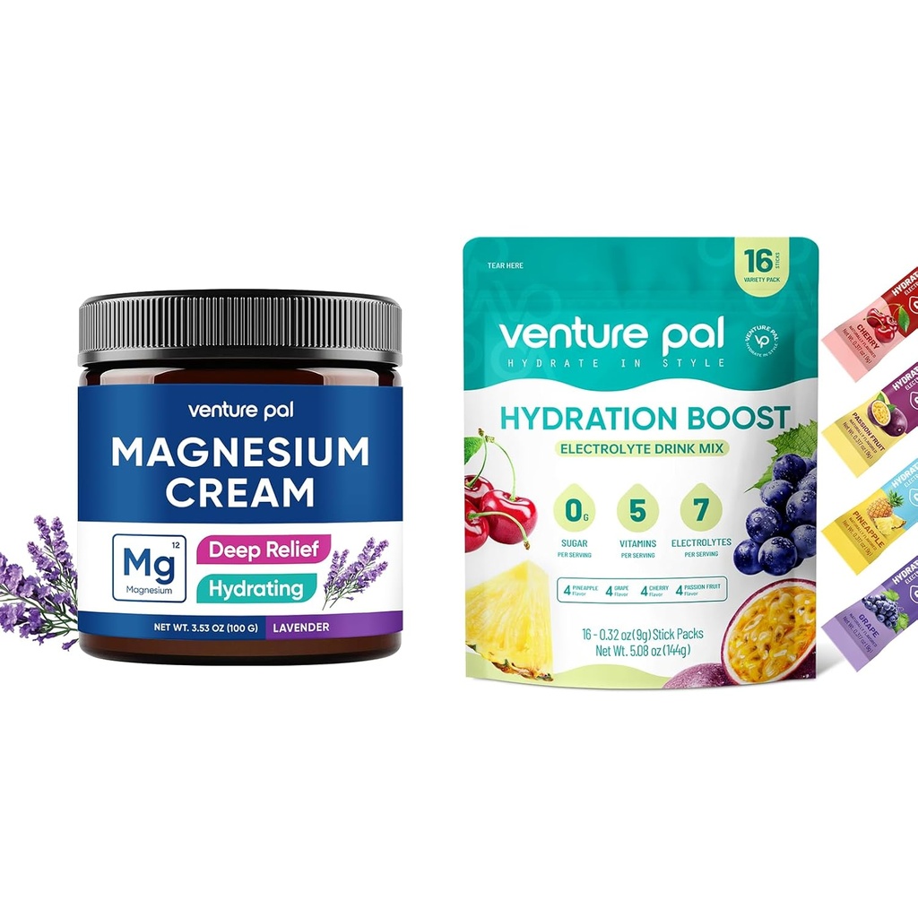 Venture Pal Kosteuttava magnesium Lotion & Sugar Free Electrolyte Powder Packets(16 Sticks)