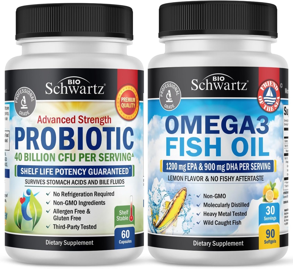 Triple Strength Omega 3 Fish Oil Softgels (1 Month Supply) Plus 40 miljarder CFU Daily Probiotic Supplement (1 månads leverans)