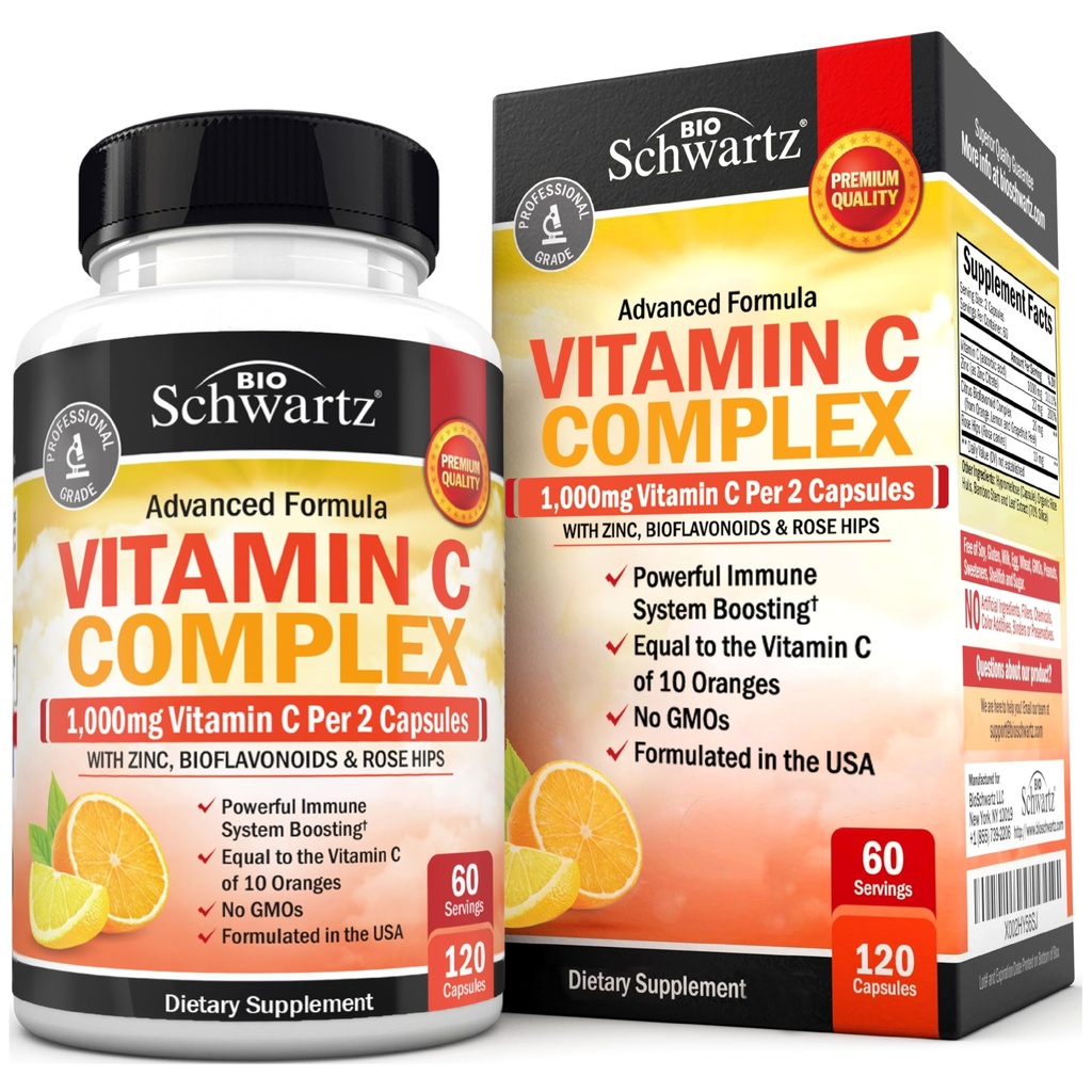 BioSchwartz C-vitamiinia Complex Supplement - C-vitamiini 1000 mg kapselit Rose HIPS Sinkki ja Citrus Bioflavonoidit immuuniterveyteen, soluihin energia, kollageenin tuotanto, 120 kreivi (60 päivän toimitus)