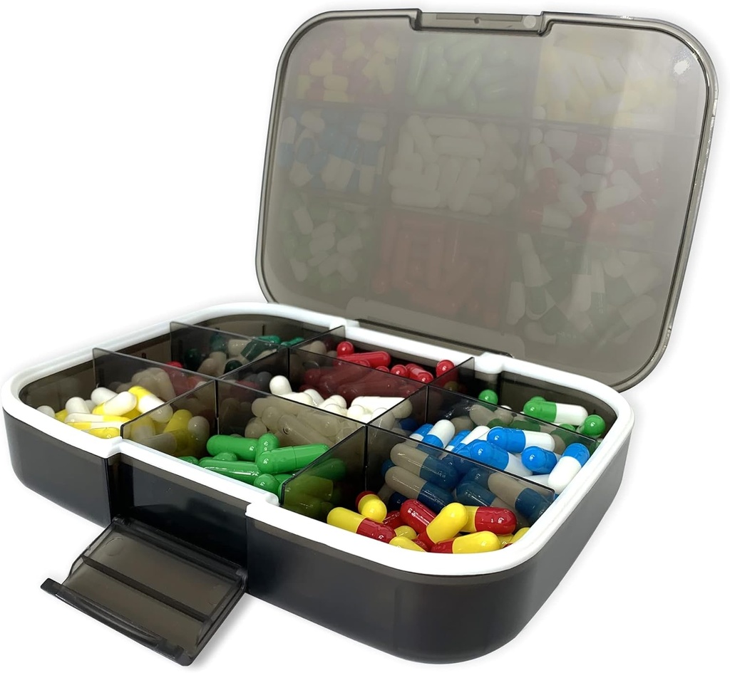 Stor Pill Organizer, 7.7x5.7" Travel Vitamin Box Lightproof 9 Compartments Portable Pill Cases Supplements Dispenser Moisture Proof Pill Holder Medicine Container
