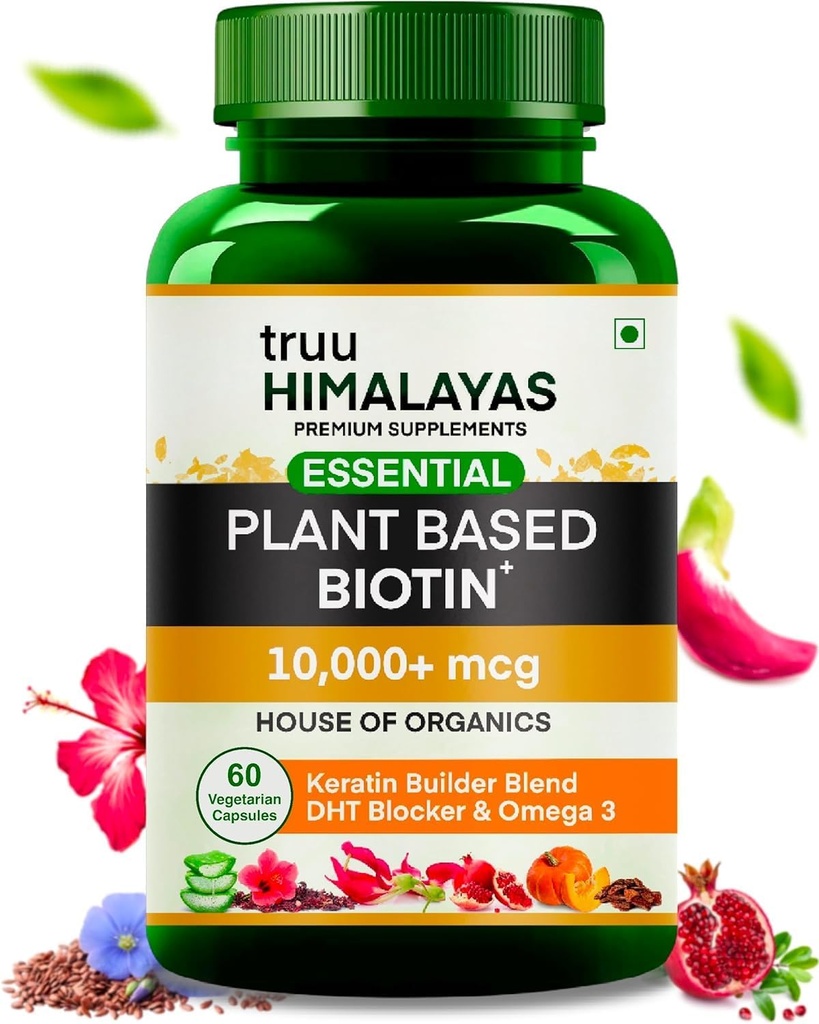 Plant Based Biotin 10000mcg hiusten kasvua DHT Blocker, Keratin & Omega 3 täydentää Elintoiminnot miehille & naisille - Ayurvedic ravintoaineita hiusten putous, iho & kynnet Terveys - 60 kapselia